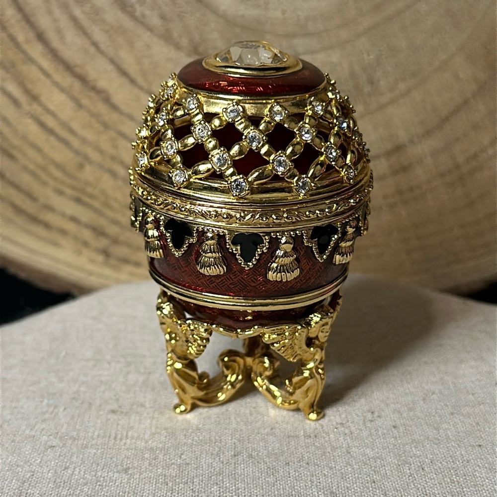 Joan Rivers Potpurri Ornate Red and Gold Decorative Egg Trinket Box with Stand